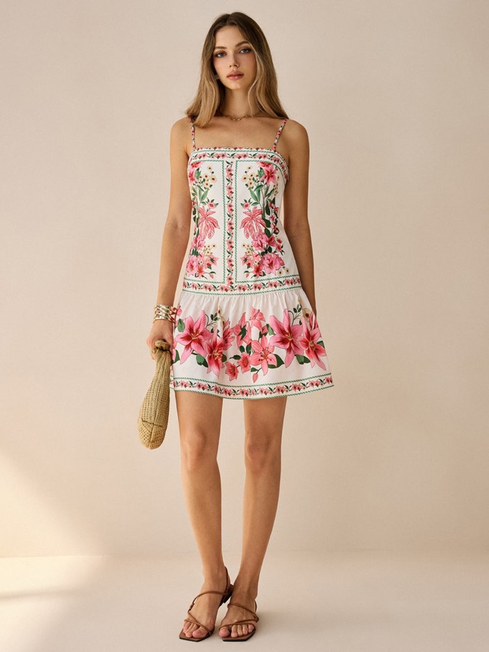 Commense White Mini Dress with Pink Floral Print